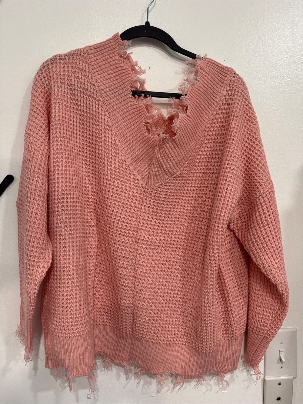 Zenana Outfitters Distressed V-Neck Waffle Knit Sweater - Pink